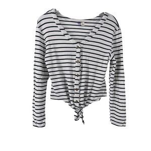 Tie Front V Neck Ribbed Top Long Sleeve White & Black Striped Preppy Alya Size M